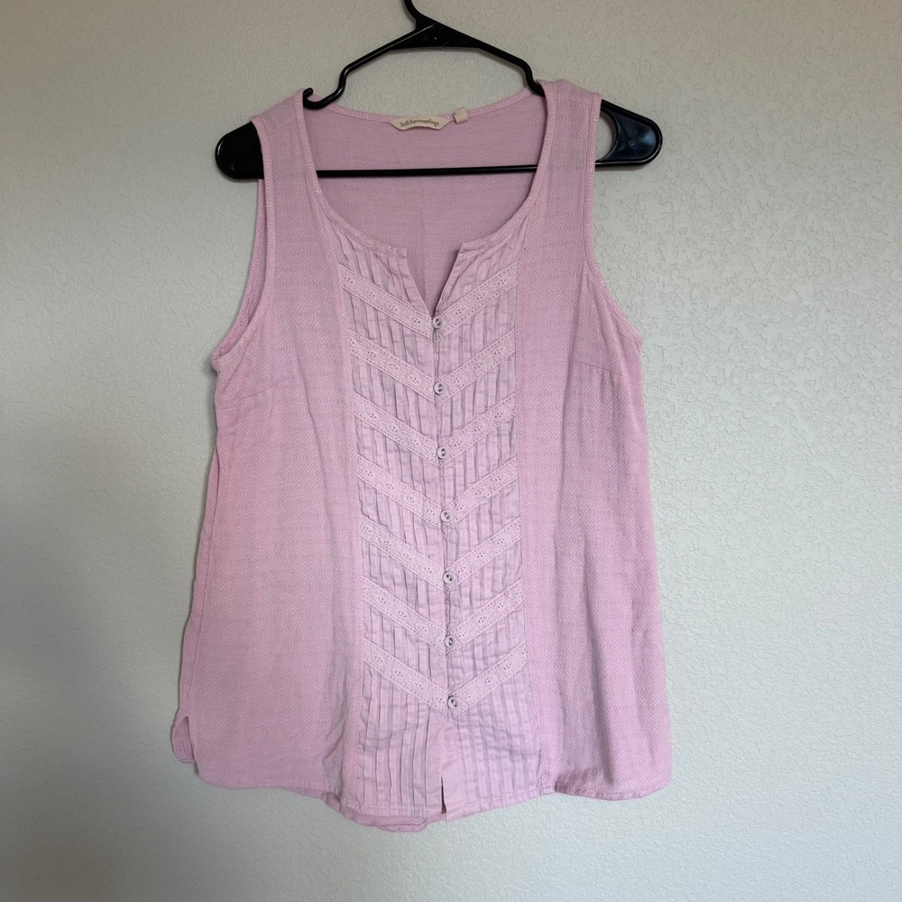 Soft Surroundings Pink Lace Pintuck Sleeveless Blouse Linen Blend Top Small